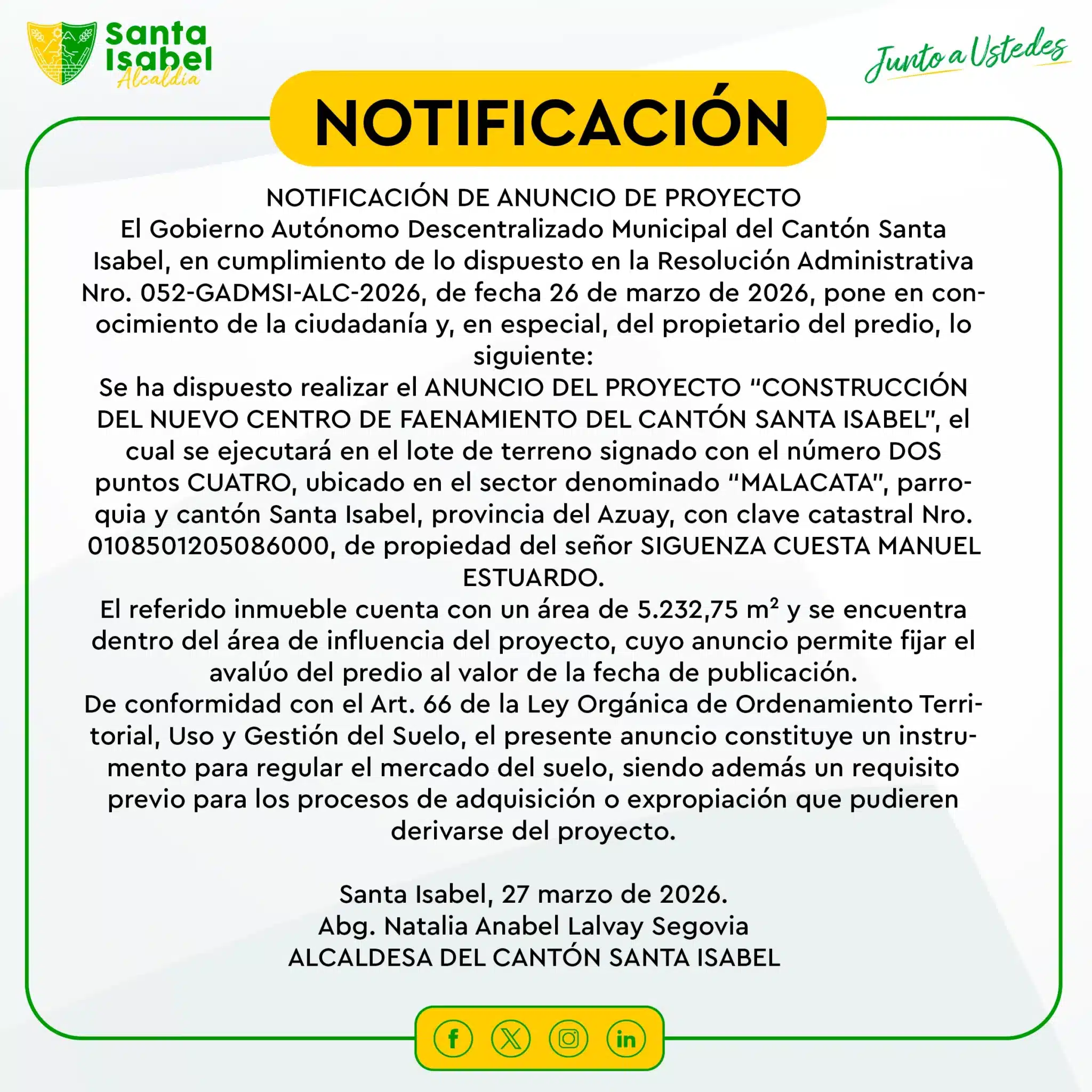 Notificación Oficial de Proyecto Camal - Santa Isabel